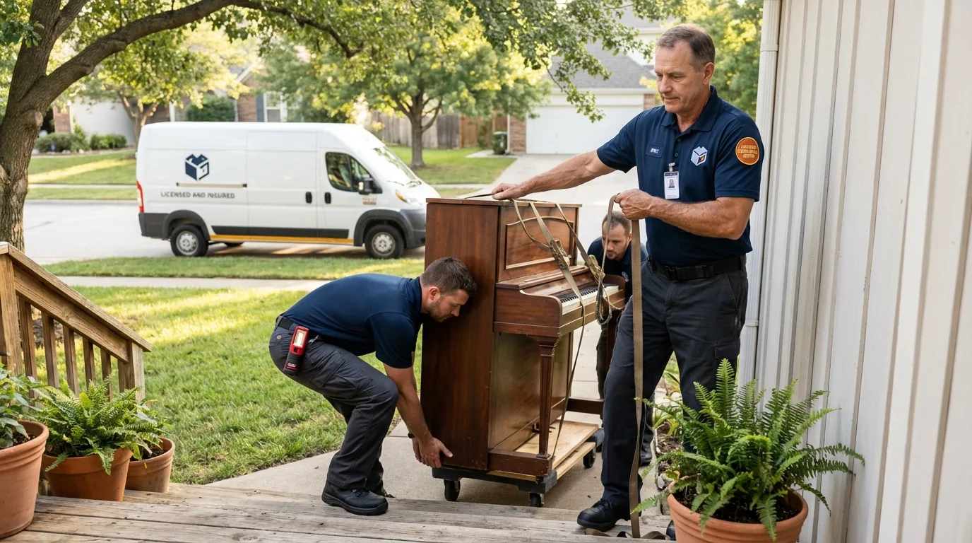 Licensed piano movers securing grand piano in Brighton, CO