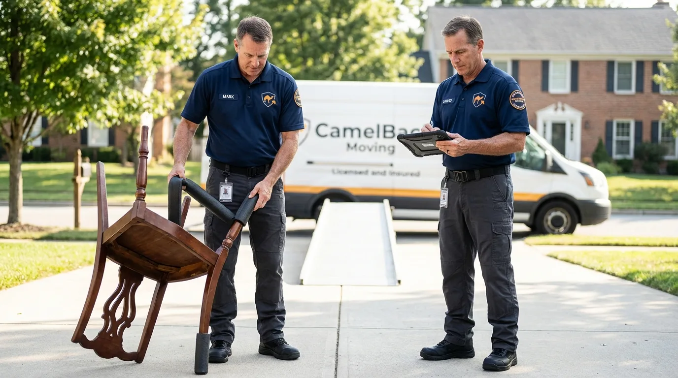 Movers inspecting furniture for damage prevention before loading in Brighton, CO